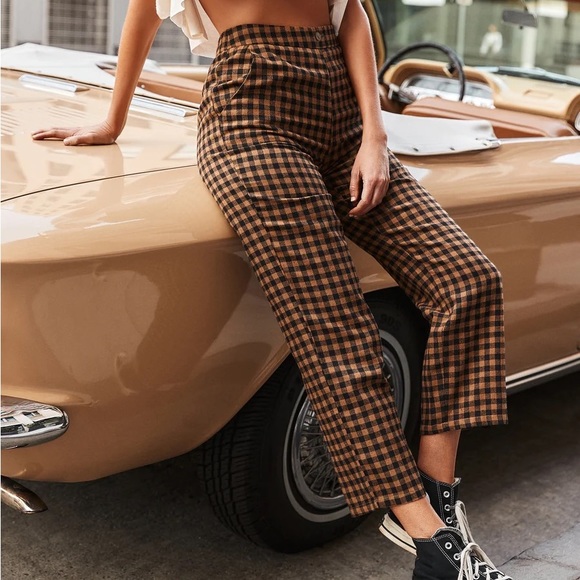 12th Tribe Pants - Tan Checkered Cropped Trousers